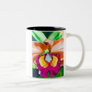 Taza Bicolor Arte colorido de orquídeas de flores y acuarela