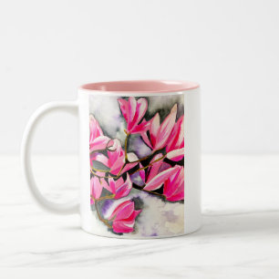 Taza Bicolor arte de acuarela de magnolia rosa