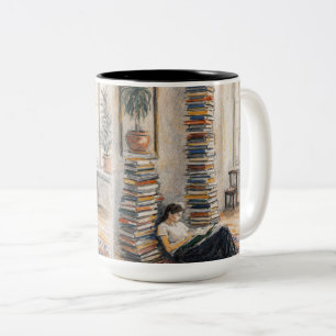 Taza Bicolor Arte de biblioteca pila de libros regalo para