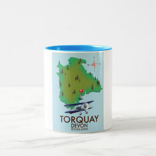 Taza Bicolor Arte de cartel de mapa antiguo de Torquay Devon.