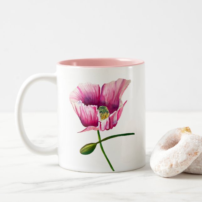 Taza Bicolor Arte de flor de acuarela rosa (Con donut)