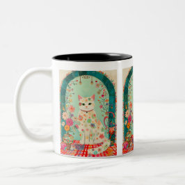Taza Bicolor Arte de Gato en Pradera Floral Caprichosa