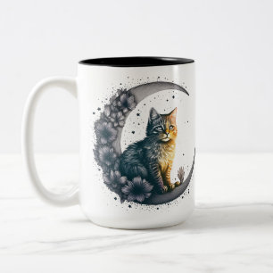 Taza Bicolor Arte de gato romántico iluminado por luna