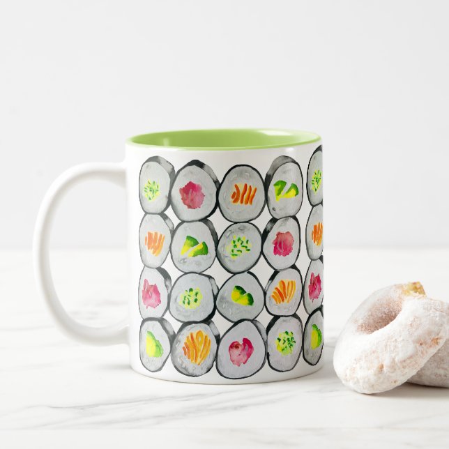 Taza Bicolor Arte de ilustracion de sushi cutáneo (Con donut)