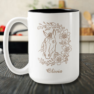 Taza Bicolor Arte de línea floral de caballo boho con nombre