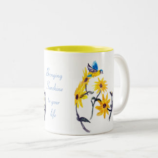 Taza Bicolor Arte de pájaro floral, cita de girasoles amarillos
