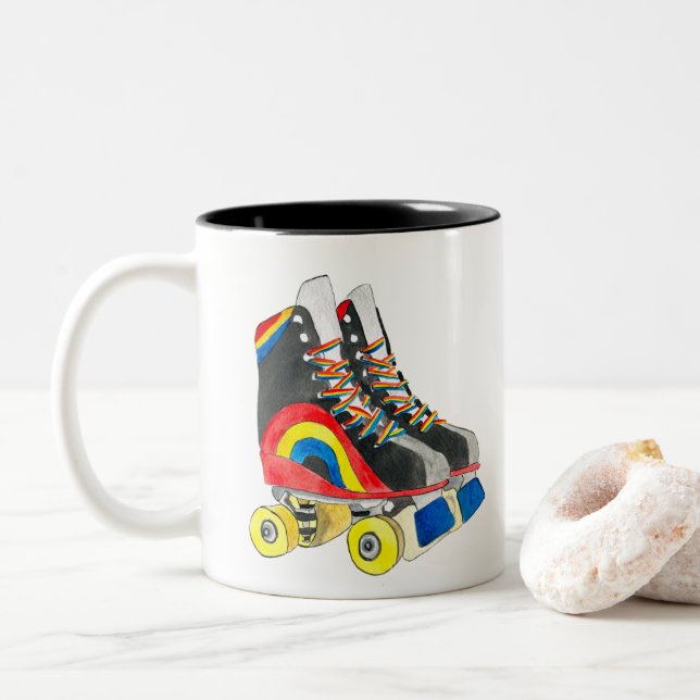 Taza Bicolor Arte de Rollerskates retro ochenta (Con donut)