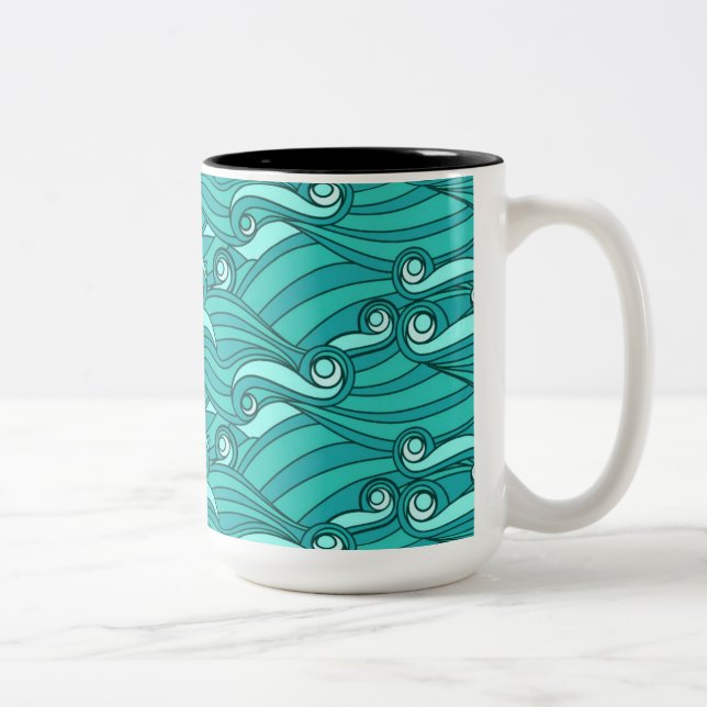 Taza Bicolor Arte de surf de ondas azul retro (Derecha)