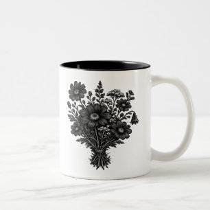 Taza Bicolor Arte floral botánico linóleo de flores silvestres