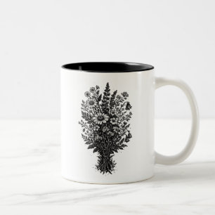 Taza Bicolor Arte floral botánico linóleo de flores silvestres