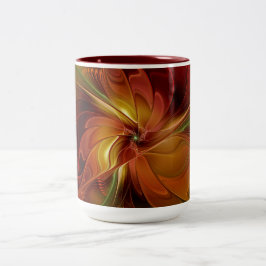 Taza Bicolor Arte floral fractal abstracto rojo naranja marrón 