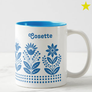 Taza Bicolor Arte floral minimalista azul claro con nombre pers