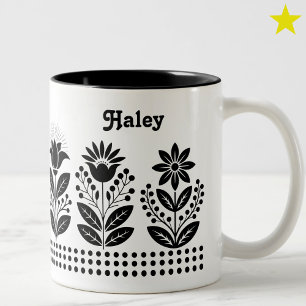 Taza Bicolor Arte floral minimalista negro con nombre personali