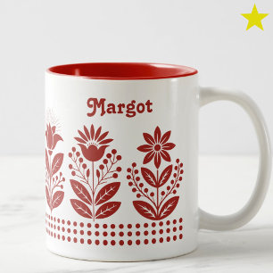 Taza Bicolor Arte floral minimalista rojo con nombre personaliz