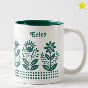 Taza Bicolor Arte floral minimalista verde con nombre personali