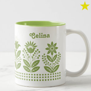 Taza Bicolor Arte floral popular minimalista verde fresco con n