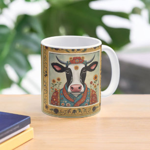 Taza Bicolor Arte folclórico de vaca floral