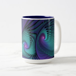 Taza Bicolor Arte fractal abstracto moderno de púrpura y turque