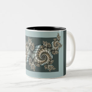 Taza Bicolor Arte fractal en espiral beige y azul claro abstrac