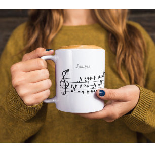 Taza Bicolor Arte personalizado de clave de sol de ave canora