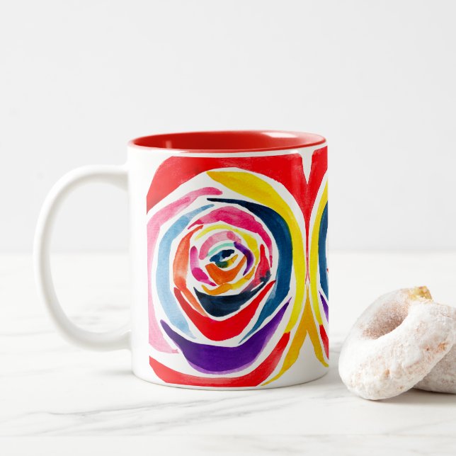Taza Bicolor Arte pop de acuarela rosa abstracta (Con donut)