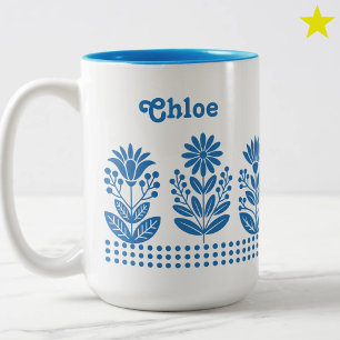 Taza Bicolor Arte Popular de Flores Turquesa Minimalista Modern