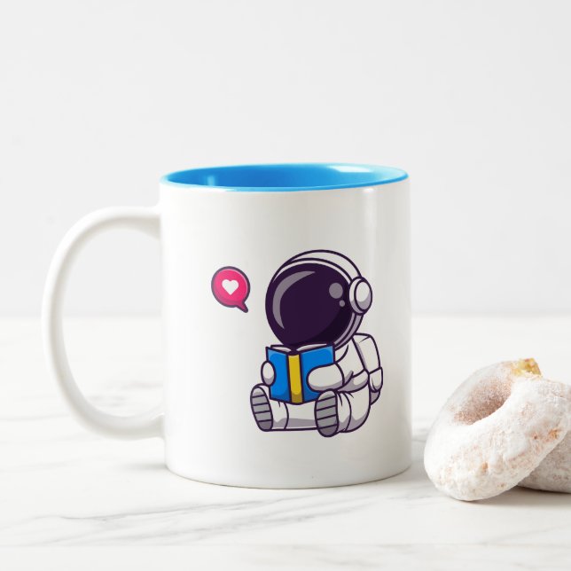 Taza Bicolor Astronauta leyendo libros niños lindos (Con donut)