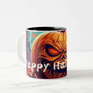 Taza Bicolor Asustada Naranja Calabaza con cara, Halloween
