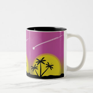 Taza Bicolor Atardecer en Isla, Palmeras y Estrella Fugaz