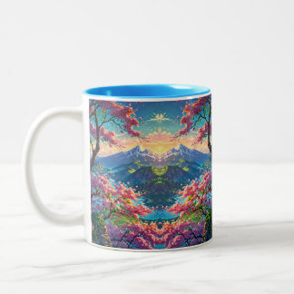 Taza Bicolor Atardecer sobre la montaña cubierta de nieve y flo