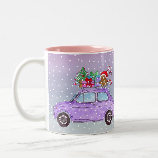 Taza Bicolor Auto morado con regalos de Navidades (Izquierda)