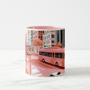 Taza Bicolor Autobús rosa de estilo vintage en un paisaje urban