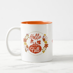 Taza Bicolor Autumt Leaves Wreath Pumpkin Nombre Monograma