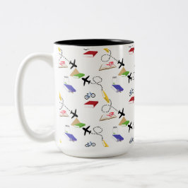 Taza Bicolor Avión Bicicletas Libros Rojo Amarillo Azul Viaje
