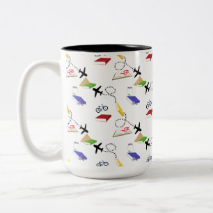 Taza Bicolor Avión Bicicletas Libros Rojo Amarillo Azul Viaje