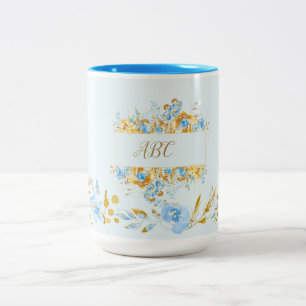 Taza Bicolor Azul claro personalizado acuarela floral oro