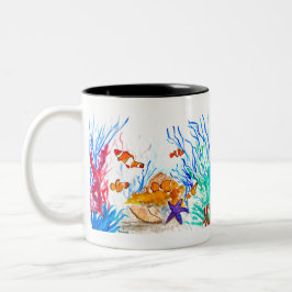 Taza Bicolor Bajo el mar acuarela peces océano mar costero