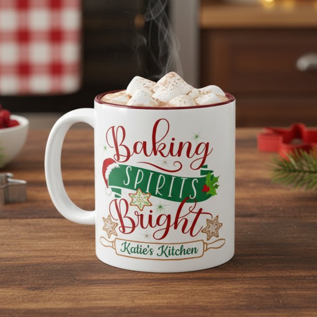 Taza Bicolor Baking Spirits Navidades Personalizados brillantes (Baking Spirits Bright Custom Christmas Two-Tone Coffee Mug - Personalize with your name!)