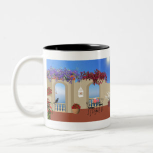 Taza Bicolor Balcón En El Exterior Con Flores Y Tranquilidad A