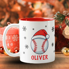 Taza Bicolor Ball de béisbol Red Santa Hat Snowflake Nombre de 