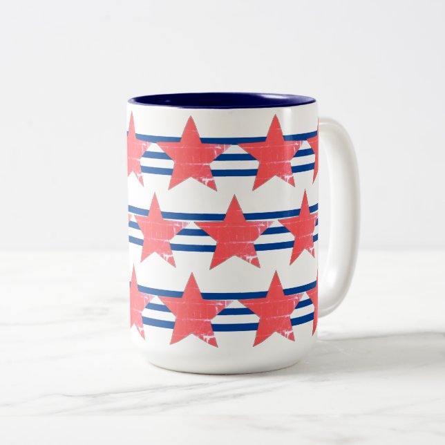 Taza Bicolor Bandas azules con tapete de estrellas rojas (Anverso derecho)