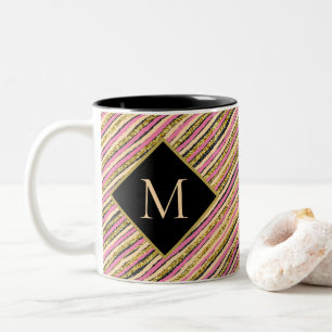 Taza Bicolor Bandas modernas Purpurina de oro Monograma negro