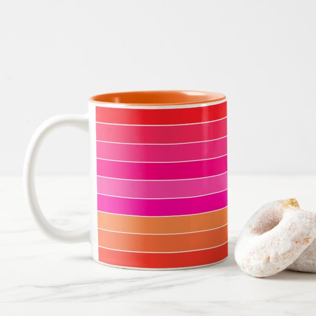 Taza Bicolor Bandas rojas, rosadas y Naranjas (Con donut)