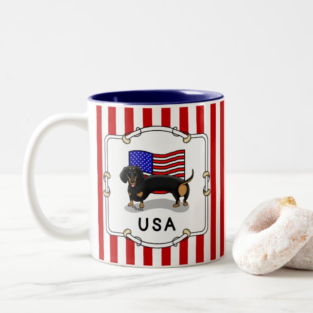 Taza Bicolor Bandera estadounidense de los Estados Unidos Dachs (Con donut)