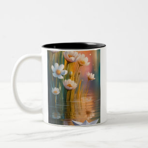 Taza Bicolor Barco de papel soñado y flores blancas al atardece