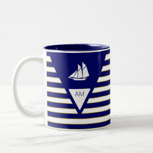 Taza Bicolor Barco y monograma en rayas azules y blancas
