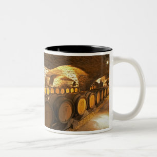 Taza Bicolor barriles de roble en el sótano de Domaine Comte