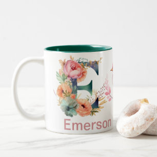 Taza Bicolor Bebé Perro Foto Nombre Letra E Monograma Floral Pá