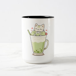 Taza Bicolor Bebida de Matcha con Boba Diseño Kawaii Gato Adora