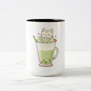 Taza Bicolor Bebida de Matcha con Boba Diseño Kawaii Gato Adora